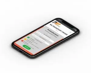 Mobiltelefon med nettsiden til Norsk Biltransport på skjermen