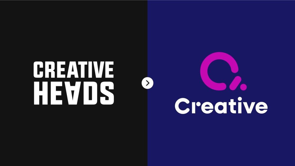 Grafikk som viser rebranding fra Creative Heads til Creative, med den gamle logoen til venstre og den nye logoen til høyre.